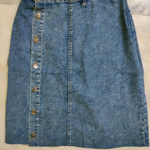 Side Slit Denim Skirt Knee Length With Button .