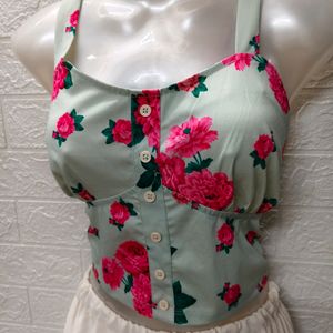 Light Green Floral Print Crop Top - Small to Mediu