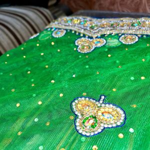 Green Color Net Embroidery Saree Without Blouse