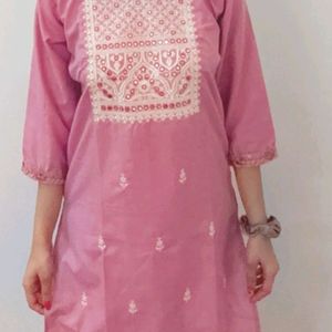 Pink Kurti With White Embroidery