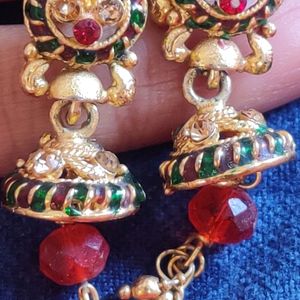 Indian Traditional Gold And Red Jhumka