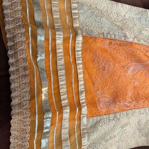 Orange Cream Suit Set With Pant And Dupatta