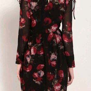 Black Floral Printed Fit And Flare Dress