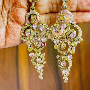 Pink And Golden Stone Party Wear Earrings