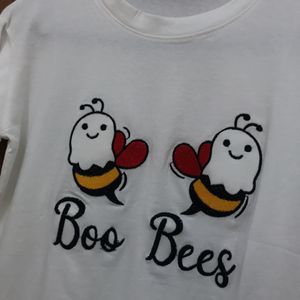 Boo Bees Print White T-shirt With Long Sleeves For Women