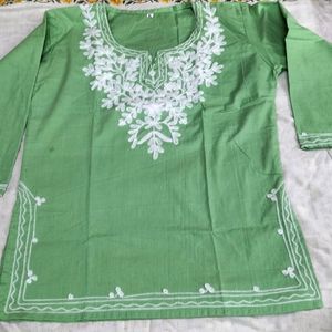 Green Short Chikenkari Kurta