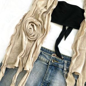 Y2K Rose Design Beige Asymmetrical Scarf