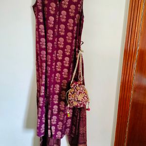 Purple Kurta Set(Top+Bottom+Potli Bag)