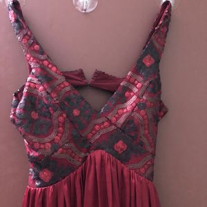 Red Sequins Backless Satin Dress *never Worn *