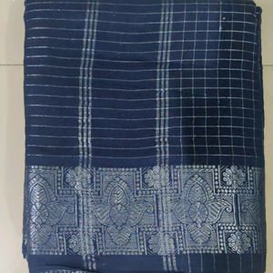 Classy Navy Blue New Sungudi Silver Checks Border