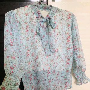 Korean Pastel Blue Floral Top