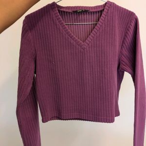 Purple Ribbed Full-sleeved Casual Top