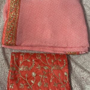 Leheriya Peach Saree With Embroidered Blouse Piece