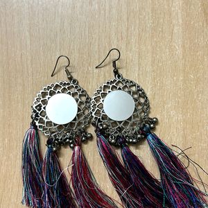 Oxidised Silver Tassle Earrings With Mirror Work