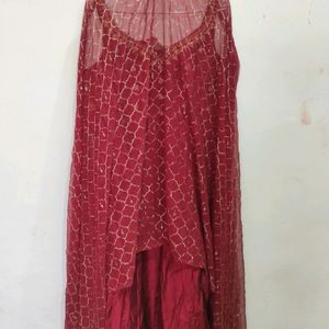 Maroon Anarkali with golden printed dupatta