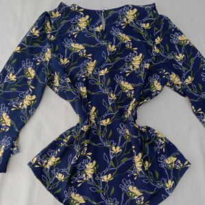 New Korean Ruffled Neck Navy Blue Blouse