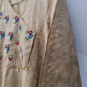 Beige Raw Silk Kurta with flowers strawberries