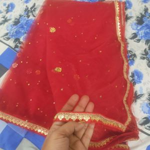 Red Net Dupatta With Four Side N Stone Work