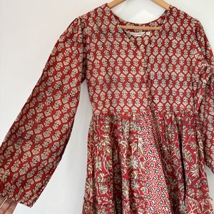 Hand Block Print Rust Midi Dress