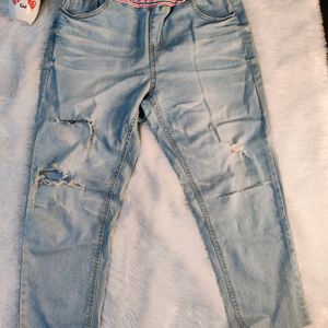 Sky Blue Distress Jeans With Elastic Waistband