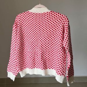 Plaid O neck Red chunky cardigan