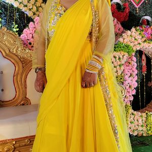 Yellow Shrug Saree Lahanga Dress