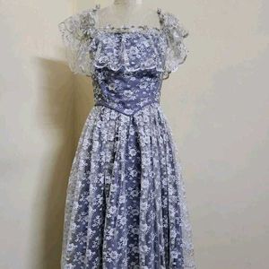 Blue Dress With White & Silver Lace