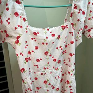 White_red Colour Flower Rose Printed Dress