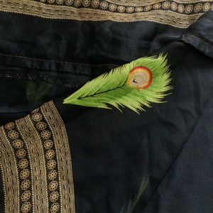 Black Colour Saree With Beautiful Peacock Print