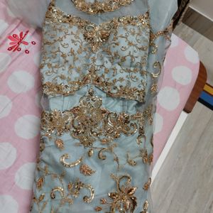 Dusky Blue Gown With Golden Thread Work