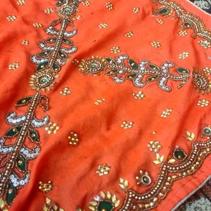 A Beautiful Orange Colour Work Saree 🤩🎉🎉