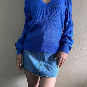 Blue V-neck Puff Sleeve Sweater 🎀