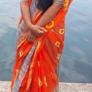 Orange Kotta Dhoria Saree With Grey Border