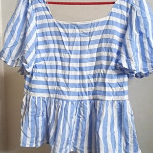 Vero Moda Blue Striped Cotton Peplum Top