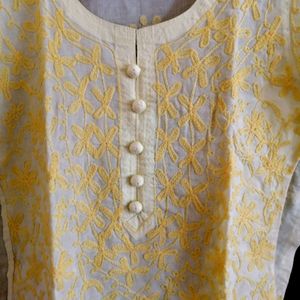 Chikankari Yellow Long Kurti