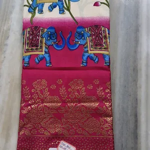 Cream With Pink Border Dola Foil Saree