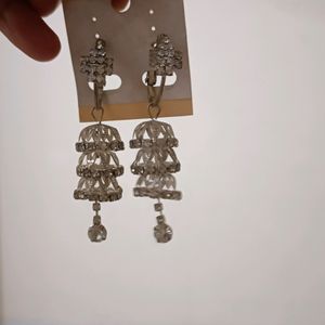 White Stone Step Jhumkis With Loop