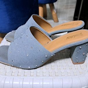 Trendy Embellished Denim Heels