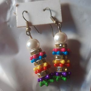 Pearl, Multicolour Beads And Stone Drop Earrings