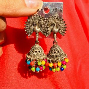 Oxides Peacock Jhumka With Colourful Beads