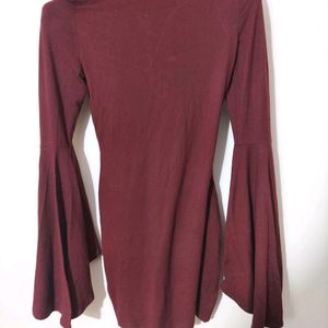 Maroon Bell Sleeve Bodycon Dress 👗💓