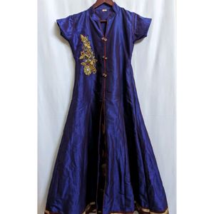 Embroidered Navy Blue And Red Ethnic Gown