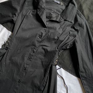 Black Lace Up Button Down Shirt