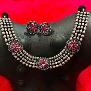 Oxidised Choker Cum Necklace Set With Earrings Not Used Once.