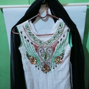 White Frocksuit With Black Net Dupatta