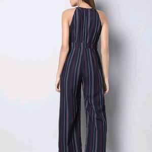 FabAlley Navy Blue Striped Belted Jumpsuit