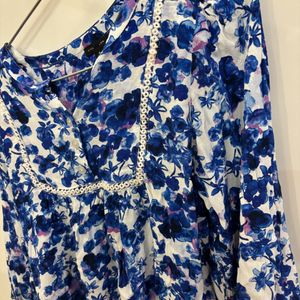 White Blue Floral Cotton Top