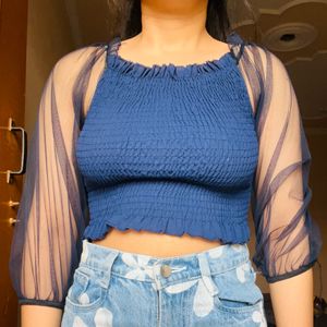 Sale-Blue Mesh Sleeve Top