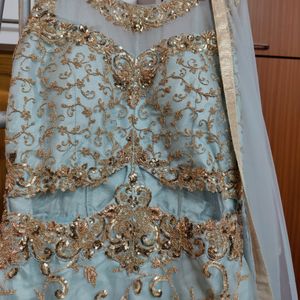 Dusky Blue Gown With Golden Thread Work