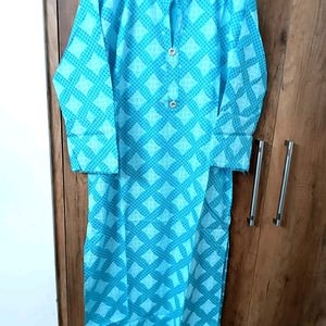 Printed Stitched Cotton Kurta In Light Blue Color